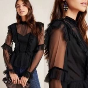 Geisha Designs • Anthropologie • Black Lace Mesh Peplum High Neck Size 10